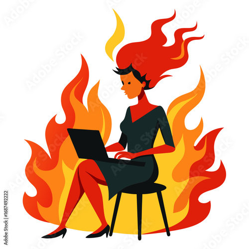 Vector illustration of a girl operating a laptop in a burning fire