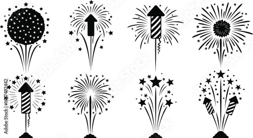 Black and white firework vector set featuring starburst explosions, rocket shapes, festive bursts, spark patterns, and celebratory design elements