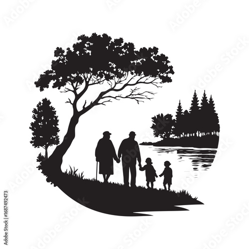 grandparents with kids vector silhouette clipart logo design illustration