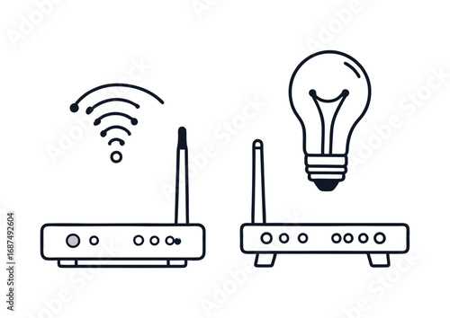 A minimalist line art illustration set featuring a wireless internet modem with a signal icon and a router with a lightbulb, symbolizing smart ideas and connectivity