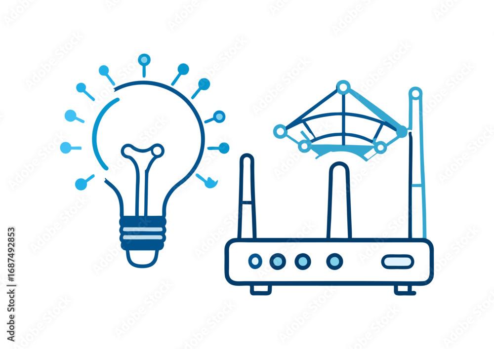Fototapeta premium Vector illustration of a smart idea lightbulb and a Wi-Fi router, symbolizing innovation, the Internet of Things, and wireless network connectivity