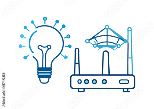 Vector illustration of a smart idea lightbulb and a Wi-Fi router, symbolizing innovation, the Internet of Things, and wireless network connectivity