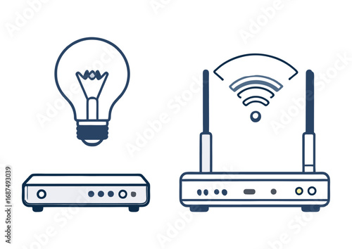 A set of vector icons illustrating the innovative idea of smart technology, featuring a wifi router, modem, and a lightbulb symbol for connectivity