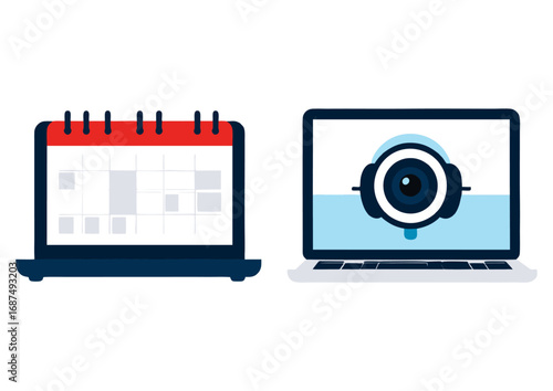 Digital planning and virtual communication concept with a calendar and laptop icon for scheduling online meetings and appointments