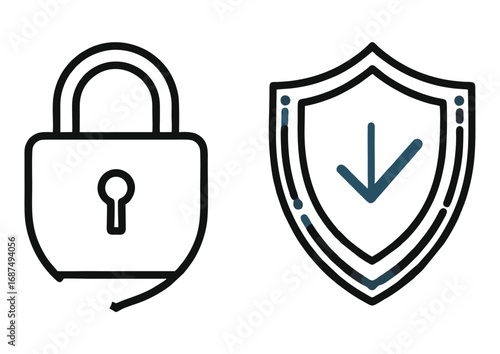A set of linear icons representing digital security and verified protection, with a padlock and a shield symbol for cybersecurity concepts