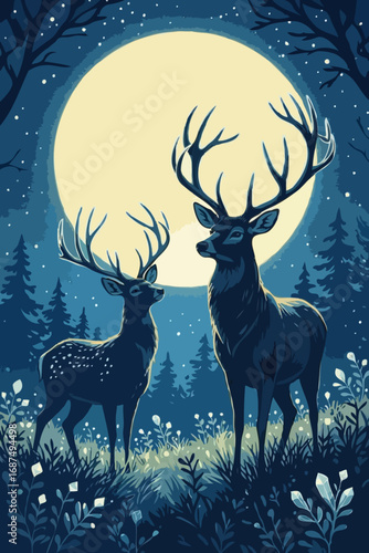 Crystal Antler Deer Guarding Moonlit Glade
