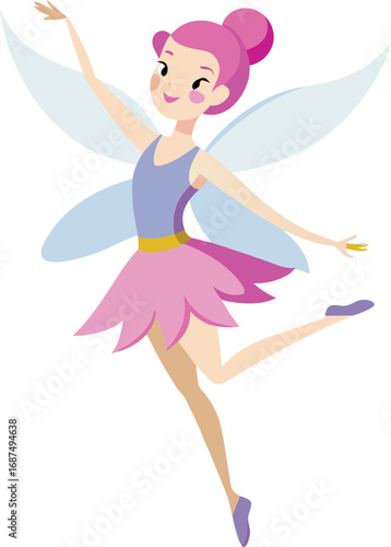 Cartoon Fairy with Pink Hair and Wings Dancing Gracefully on White Background
