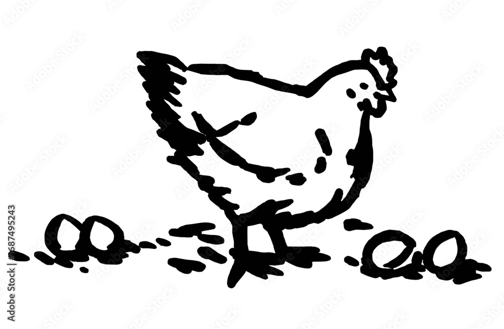 Fototapeta premium An outline vector illustration of a chicken with a few eggs