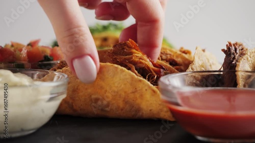 Hand takes aromatic tasty taco with stewed beef and beans. Mexican cuisine concept. High quality 4k footage