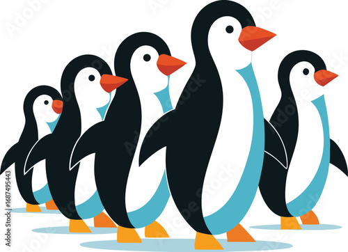 Group of Cute Penguins Walking Together in a Row