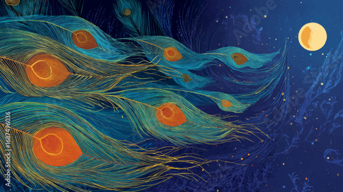 Vector background of peacock feathers under moonlit night sky for presentations and decorative design
