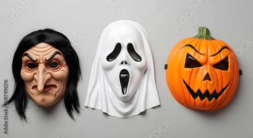 Flat Lay of Halloween Masks for Costume and Party Promotion