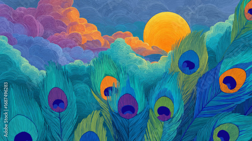 Bright sunrise and colorful peacock feathers vector background for presentations, art, and decoration