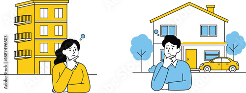 Apartment versus house choice, real estate decision, property comparison, home buying concept, lifestyle options, flat vector illustration, minimal cartoon design