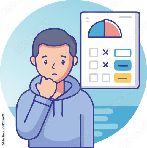 Young man looking concerned at a confusing progress chart with data and options