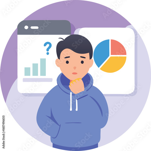 Young man thinking about data analysis and charts