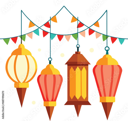 Festive Hanging Lanterns and Bunting Decoration for Celebrations and Special Occasions