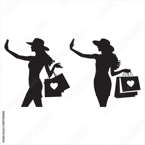 Silhouetted Women Shopping with Heart Bags Taking Selfies
