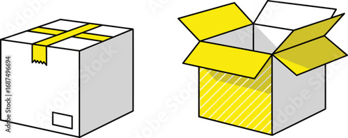 Closed cardboard box, open packaging box, shipping container, delivery parcel, storage concept, logistics symbol, product packaging, cad drawing flat vector illustration