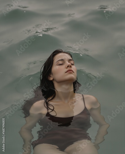 A person floats serenely in calm water, wearing a dark swimsuit with eyes closed.