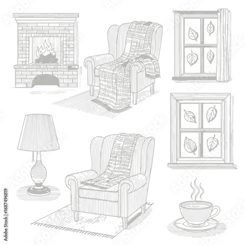 Autumn Evening Comfort Icon Set in Simple Line Art Style  