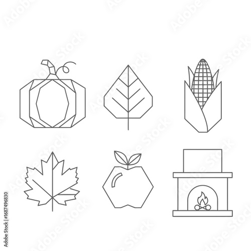 Autumn Icon Set featuring Geometric Pumpkin, Leaves, and Fireplace  