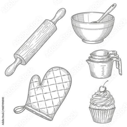 Baking Tools Icon Set Featuring Rolling Pin, Bowl, and Cupcake  