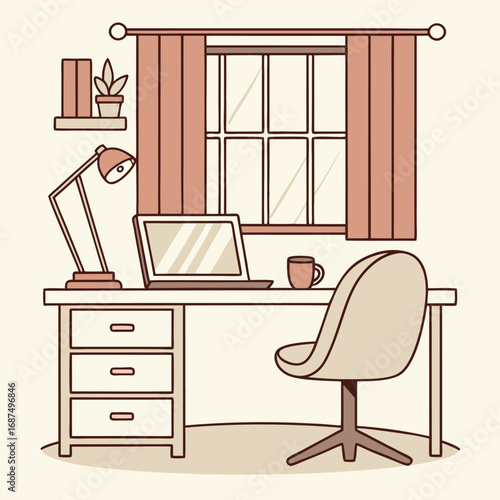 Cozy home office desk with laptop and chair by the window