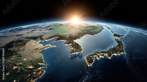 sunrise over east asia glowing cities
