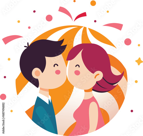Cartoon Couple Under Mistletoe Celebrating Christmas or Valentine s Day with Affection