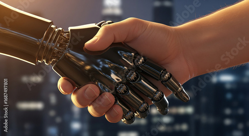 Business Handshake Between Human and Black Chrome Robot with City Skyline