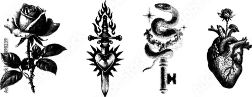 Set of vintage tattoo style illustrations with rose, sacred heart, snake with key, anatomical heart. 