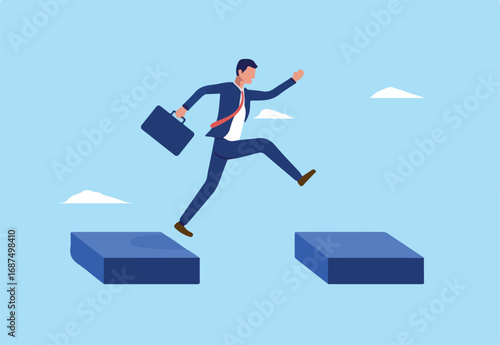 Businessman jumping - Businessperson taking chances with giant leap of faith over platform high up in sky. Business risk and step forward concept in flat design vector illustration