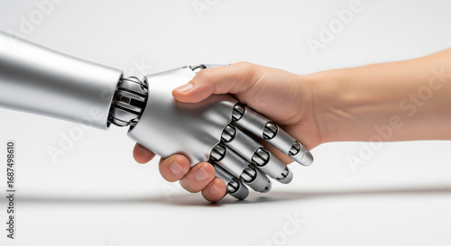 Minimalist White Background Handshake of Human and Robot