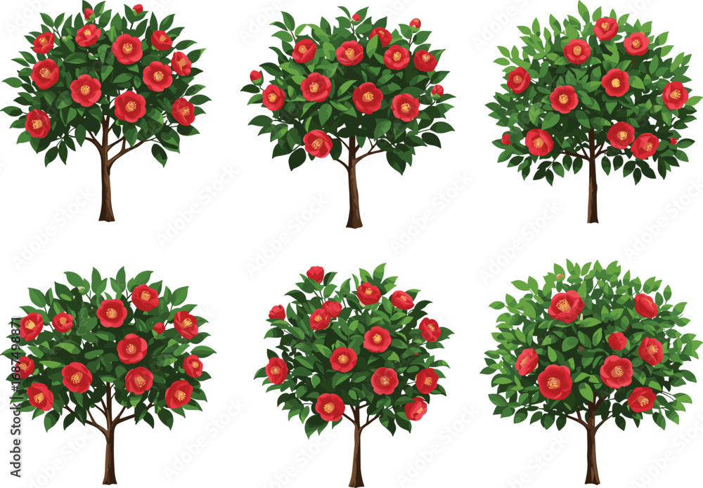 Fototapeta premium PrintStylized fruit trees with red apples and green leaves in seasonal garden, educational nature concept, flat vector illustration set