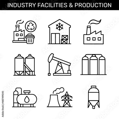 Industry facilities and production outline icons set. Factory, warehouse, refinery, oil pump, silos, storage tanks, energy plant
