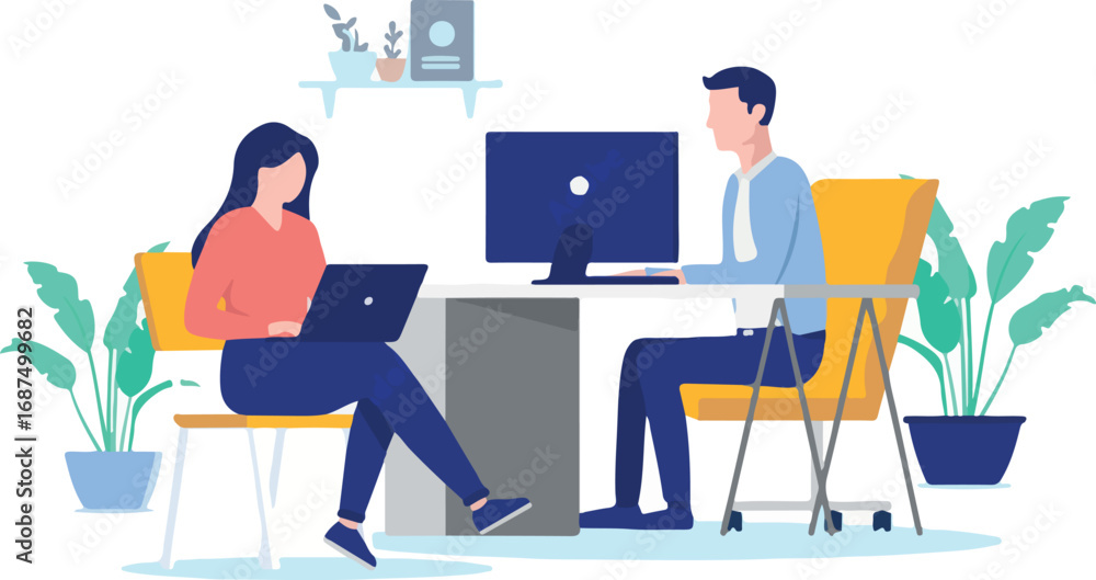 Working in office - Man and woman sitting with computers at desk doing work. Flat design vector illustration with white background Working in office - Man and woman sitting with computers at desk doing work. Flat design vector illustration with white background