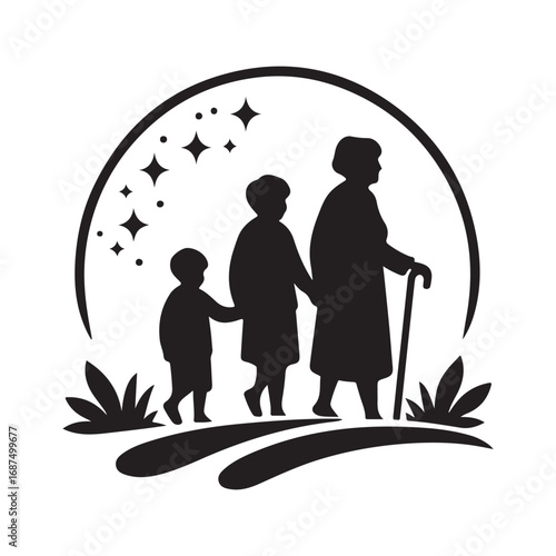 grandparents with kids vector silhouette clipart logo design illustration