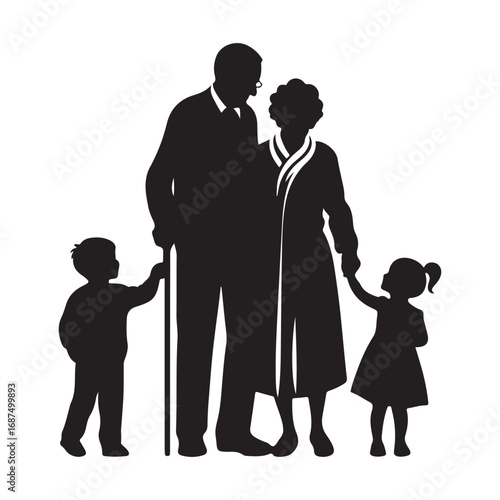 grandparents with kids vector silhouette clipart logo design illustration