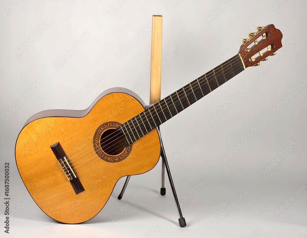 Fototapeta premium Acoustic guitar on stand against plain background