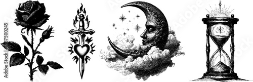 Vintage gothic tattoo halloween illustrations of rose, heart with dagger, moon with stars, hourglass. 