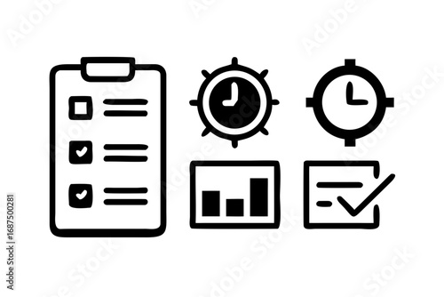Checklist, clock, and graph icons for business use