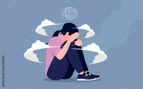 Female depression - Teen girl having anxiety attack and being depressed. Mental health problems concept. Vector illustration.	
