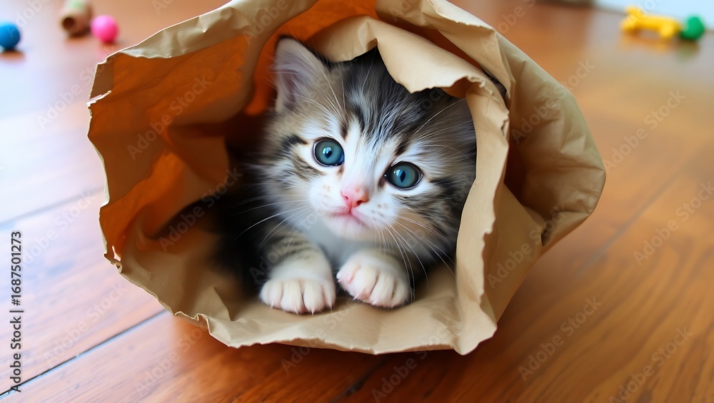 Naklejka premium A cute kitten with bright blue eyes peeks out from a brown paper bag on a wooden floor, looking curious and playful