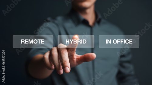Businessman choosing between remote, hybrid, or in office work settings with modern interface.