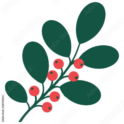 Green Leaf Branch with Red Berries – Minimal Botanical Vector