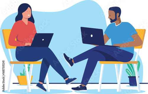 Sitting working on laptop - Two business people, man and woman sit chair cross legged with computers on lap doing work together. Flat design vector illustration with white background