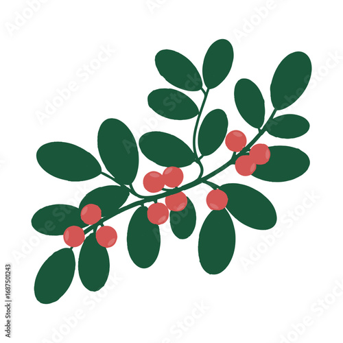 Branch with Red Berries and Green Leaves – Minimal Botanical Illustration