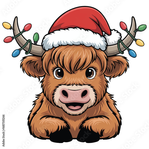Cute Highland Cow with Santa Hat and Christmas Lights – Adorable Holiday Vector Art