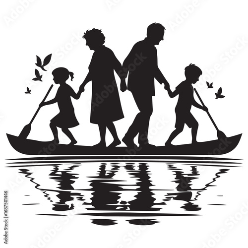 grandparents with kids vector silhouette clipart logo design illustration